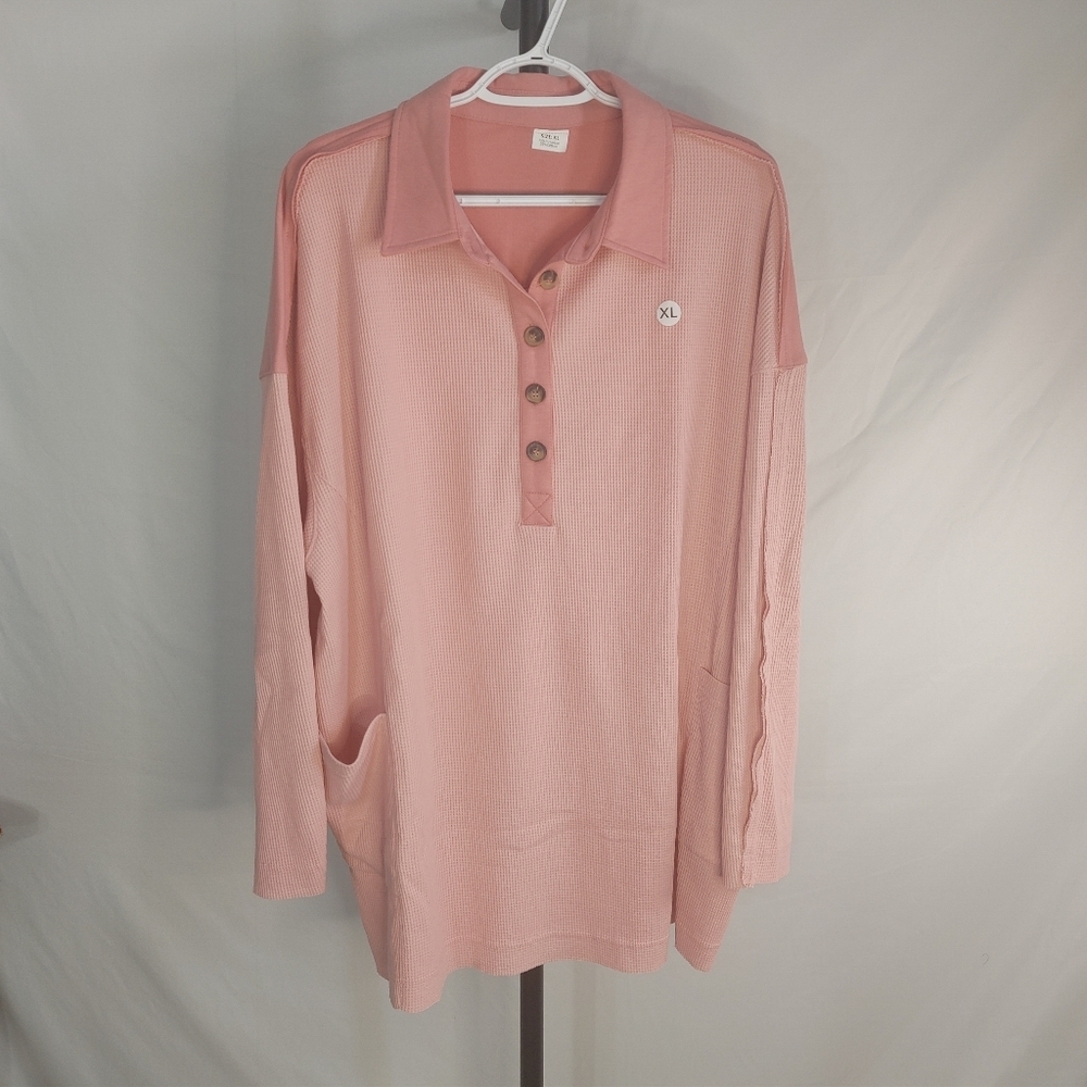 Waffle Knit Polo Tunic Top XL Peach Pink Oversized Thermal Long Sleeve Pockets - Picture 2 of 8